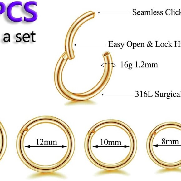 Versatile 16G Surgical Steel Hinged Clicker Nose Rings - 10pcs Gold Set - Picture 2 of 8